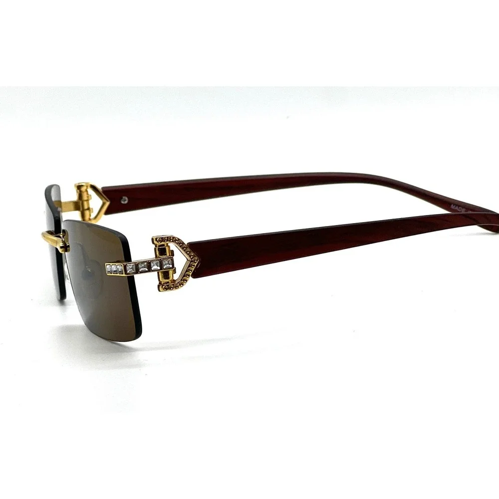 Mens Rimless Sunglasses Rectangle Brown Lens Gold Accents Bling Hip Hop Shades‎